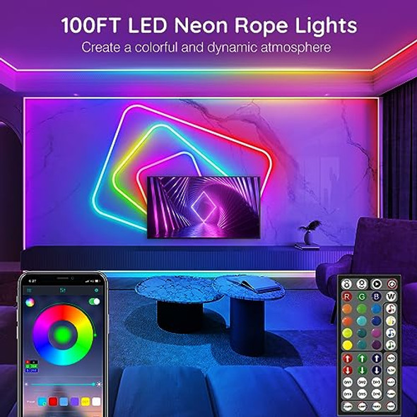 AILBTON 100Ft Neon Rope Lights,Flexible Led Rope Lights Control with App/Remote