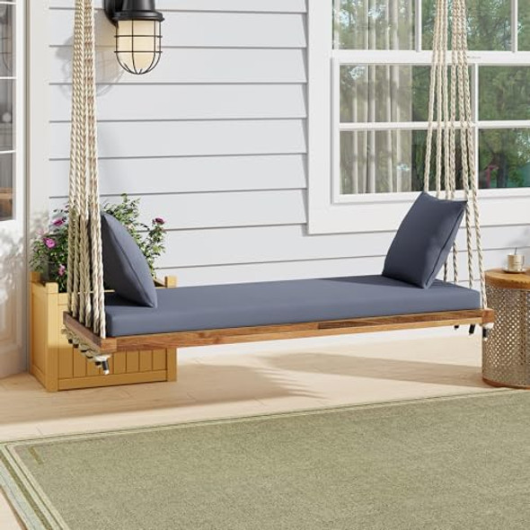 KTFHVGY Outdoor Patio Wooden Swing Chair, 2 Seater with Cushions - Natural-01