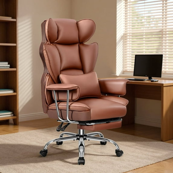 PRIMY HIGH BACK OFFICE CHAIR, BIG AND TALL PU LEATHER EXECUTIVE CHAIR - BROWN
