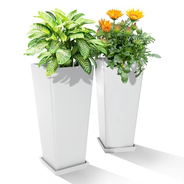 YESUNEED 24" TALL PLANTERS SET OF 2 OUTDOOR INDOOR USE TAPERED FLOWERPOTS WHTE