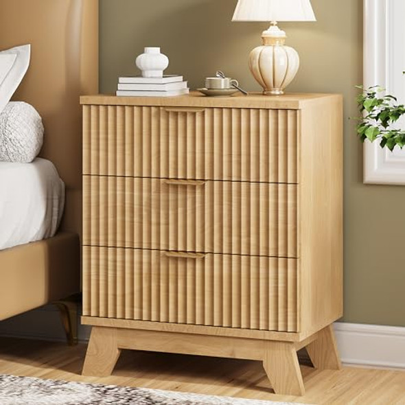 Fluted Nightstand, 24" Wide Side Table with 3 Large Storage Drawers