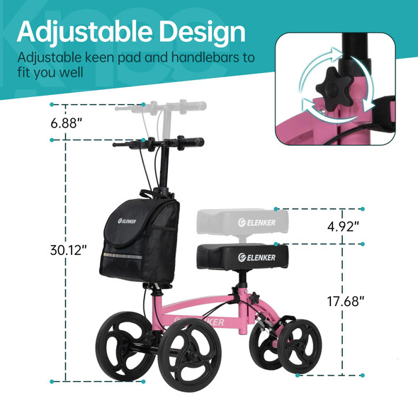 ELENKER STEERABLE FOLDABLE KNEE WALKER 10" WHEELS WITH BAG - PINK
