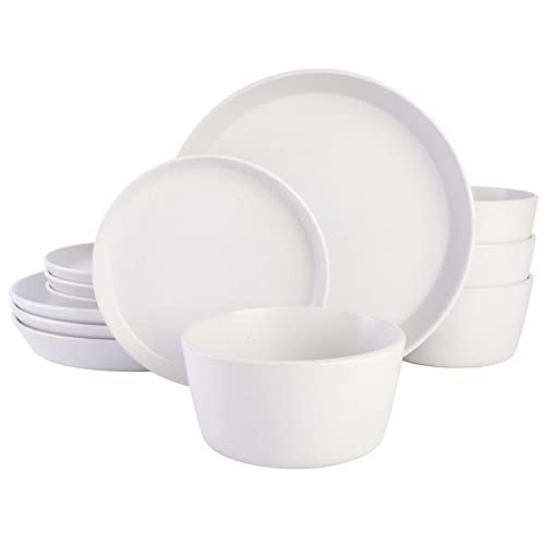 GIBSON SOHO LOUNGE SOFIA COUPE STONEWARE DINNERWARE SET WHITE W/SPECKLE-NEW New