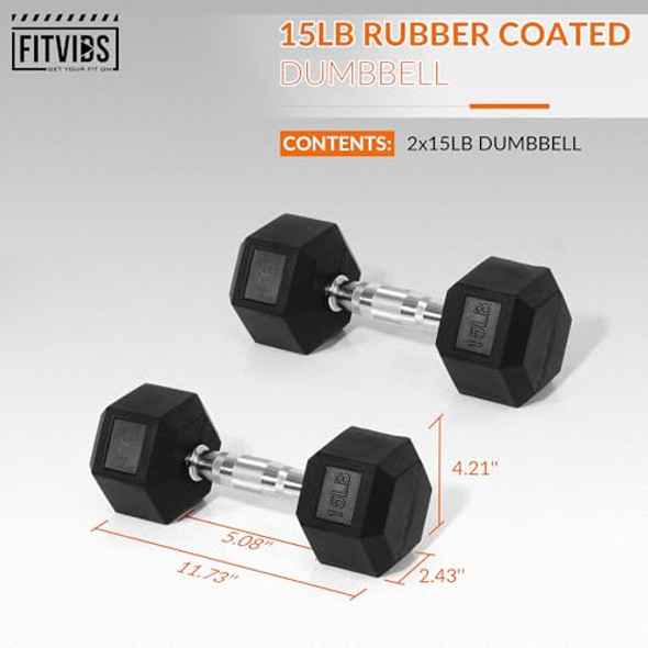 FITVIDS RUBBER ENCASED HEX DUMBBELL,HAND WEIGHTS,15 LBS - BLACK/SILVER