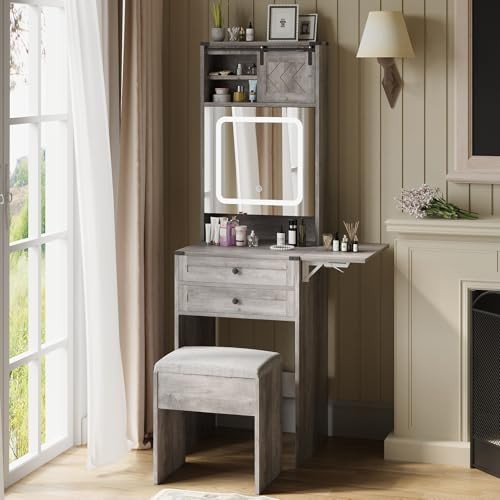 ARTETHYS FARMHOUSE SMALL VANITY DESK SET WITH MIRROR CABINET COMPACT - GRAY