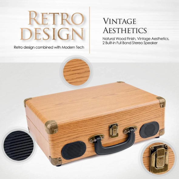 POPSKY RECORD PLAYER 3-SPEED VINTAGE STYLE TURNTABLE BLUETOOTH - WOOD