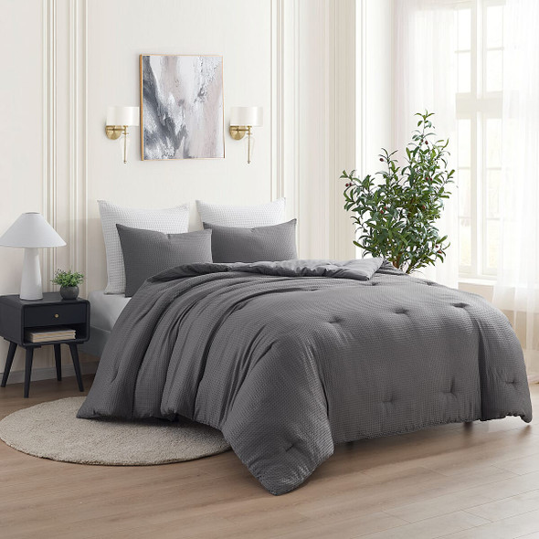 KATHY IRELAND 3-PIECE GRAY WAFFLE DOWN ALTERNATIVE COMFORTER SET -QUEEN - GRAY
