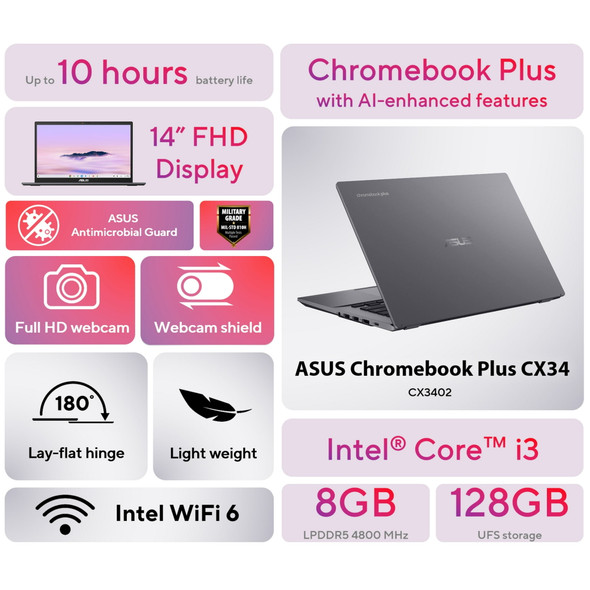Asus Chromebook Plus CX3402 14" FHD Laptop Intel Core i3 8GB 128GB ChromeOS