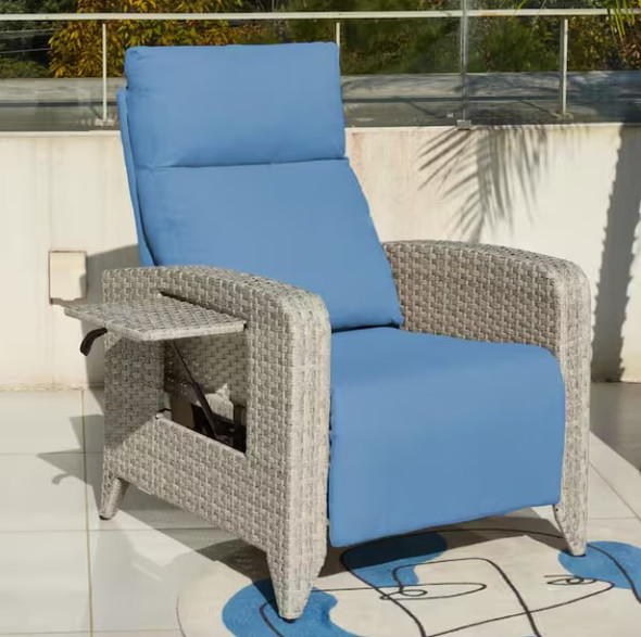 ZZWHOM WHITE WICKER RECLINING OUTDOOR CHAISE LOUNGE CUP HOLDER - BLUE/WHITE