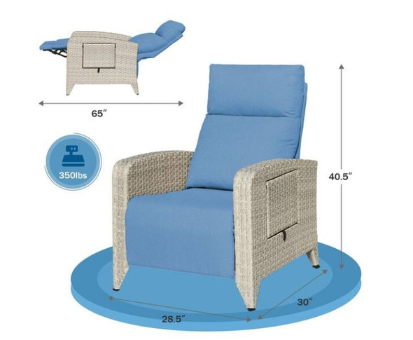 ZZWHOM WHITE WICKER RECLINING OUTDOOR CHAISE LOUNGE CUP HOLDER - BLUE/WHITE