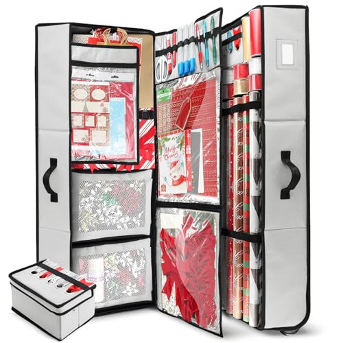 HEARTH & HARBOR WRAPPING PAPER STORAGE CONTAINER, INTERIOR POCKETS - SILVER XL