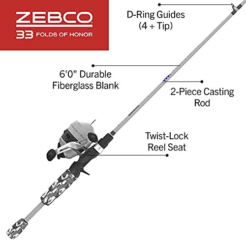 ZEBCO FOLDS OF HONOR SPINCAST REEL/FISHING ROD COMBO ONE DOLLAR DONATED -CAMO