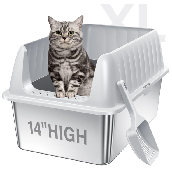 JECOO STAINLESS STEEL CAT LITTER BOX XL WITH LID LY SELECT - LIGHT GRAY