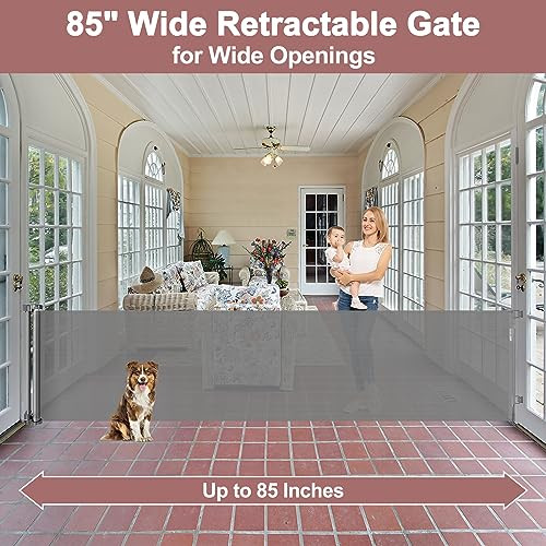 KISKIZ 85 INCH RETRACTABLE BABY GATES EXTRA WIDE GATE 33 TALL X 85 WIDE - GRAY New