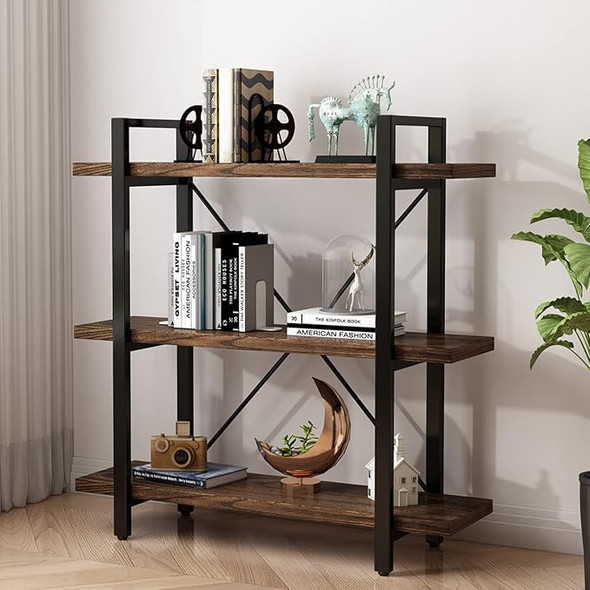 3 TIER BOOKSHELF MODERN RUSTIC OPEN BOOKSHELF OFFICE WOOD - DISTRESSED BROWN