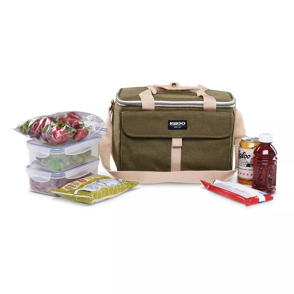 IGLOO NOSTALGIA LUNCH SACK, INSULATED POLYESTER CANVAS WITH FRONT POCKET - OLIVE New