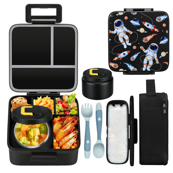 Ma Maison Huis Bento Lunch Box w/ Soup Thermo Leak-Proof Container - Black
