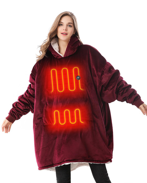 VENUSTAS HEATED BLANKET HOODIE WITH BATTERY UNISEX OVERSIZED SHERPA - RED