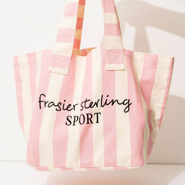 FRASIER STERLING SPORT STRIPED TOTE BAG - COTTON CANVAS HANDBAG - CREAM/PINK