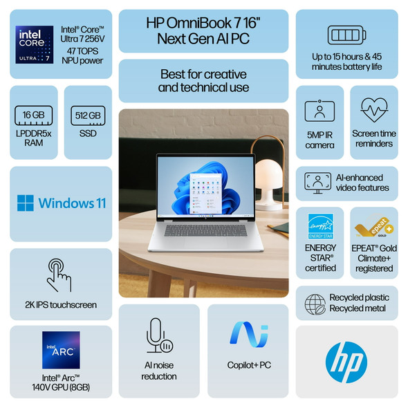 HP OmniBook 7 AI 16" 2K Touch Laptop Intel CoreUltra 7-255H 32GB 1TB Win11H