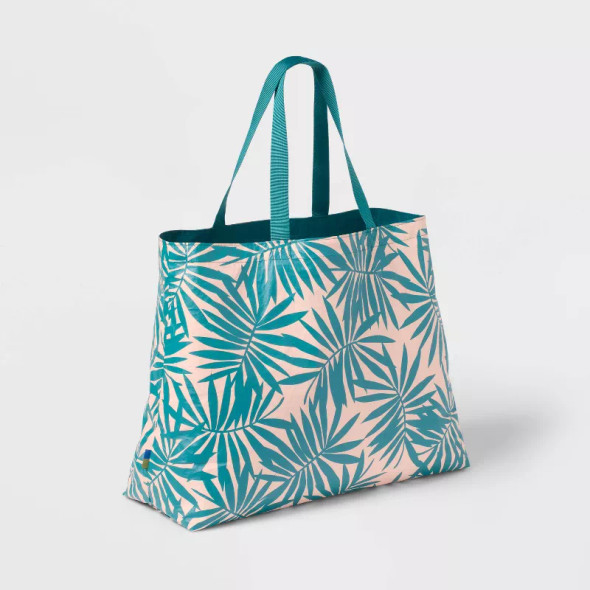 OPEN STORY WATER RESISTANT REVERSIBLE TOTE BAG - PALM DESIGN - TEAL/WHITE New