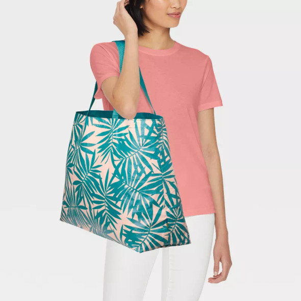 OPEN STORY WATER RESISTANT REVERSIBLE TOTE BAG - PALM DESIGN - TEAL/WHITE New