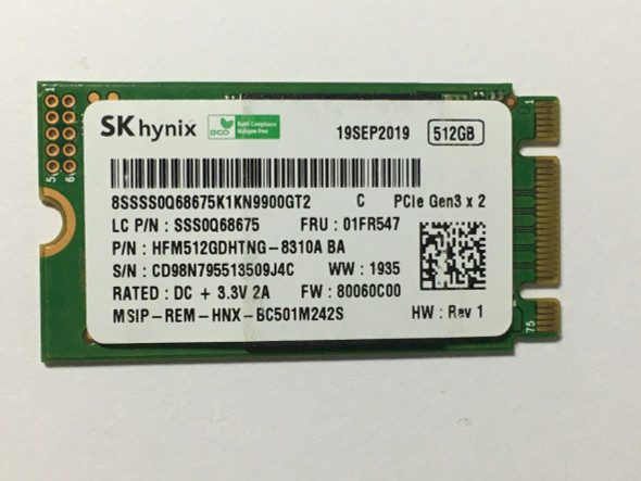 SK HYNIX 512GB SSD MVME PCIE GEN3X2 M.2 2242 SSD - GREEN
