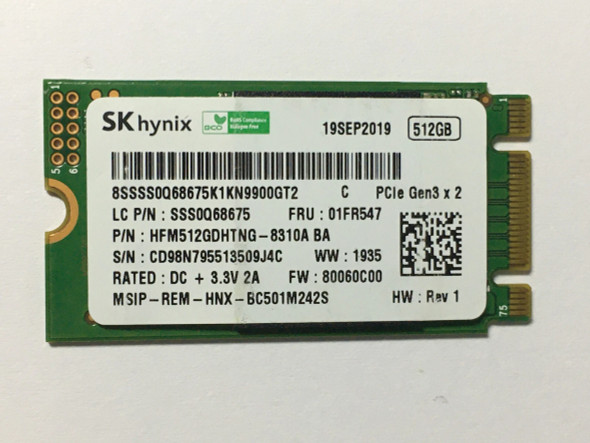 SK HYNIX 512GB SSD MVME PCIE GEN3X2 M.2 2242 SSD - GREEN