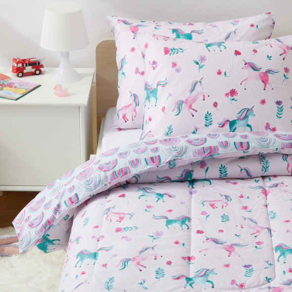 AMAZON BASICS KIDS LIGHTWEIGHT COTTON SHELL COMFORTER SET - UNICORNS/RAINBOWS