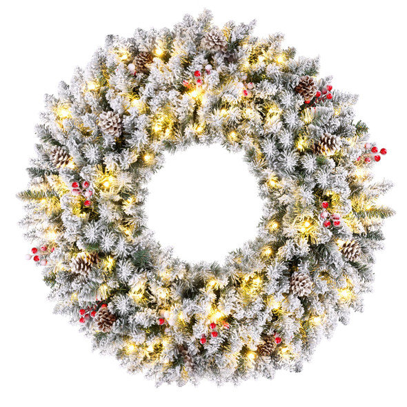 Large Flocked Artificial Prelit Christmas Wreath, 36", 170 LED, Flocked - White
