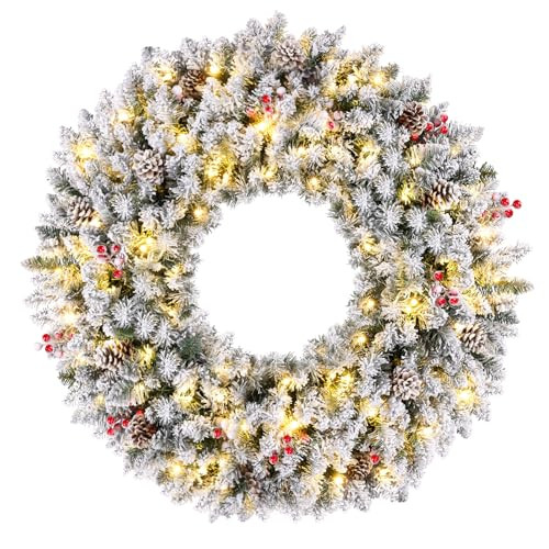 Large Flocked Artificial Prelit Christmas Wreath, 36", 170 LED, Flocked - White