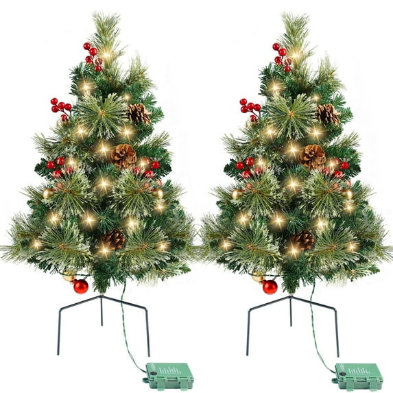 COWIN 25IN ARTIFICIAL CHRISTMAS TREES SET 2 PRE-LIT MINI 30 LED LIGHTS - GREEN