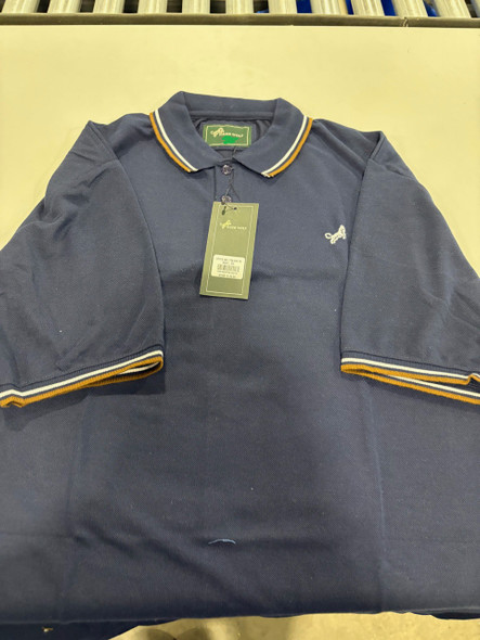 TIGER WOLF 3 BUTTON POLO SHIRT - SIZE: MEN M - NAVY/WHITE/BROWN New