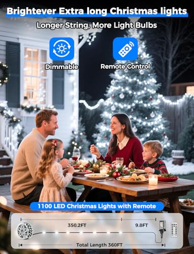 Brightever Christmas Lights 360 FT 1100 LED Lights Remote Control - Cool White
