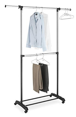 Whitmor Adjustable 2-Rod Garment Rack - Rolling Clothes Organizer - Black/Chrome