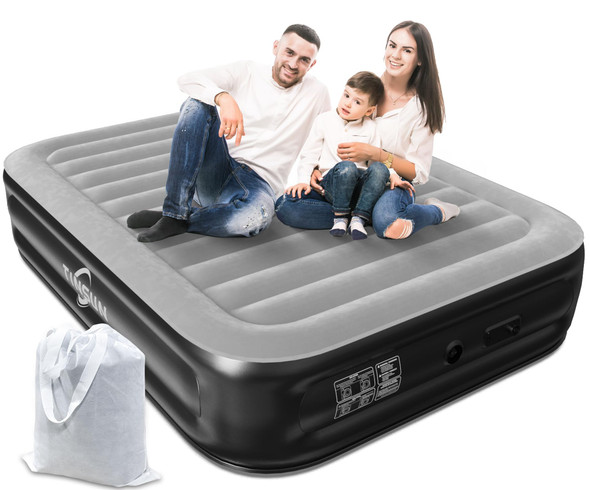 TINSUN QUEEN MATTRESS BUILT IN AIR PUMP CURVED ARMS FOR EASE OF USE - BLACK/GRAY