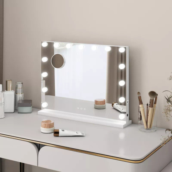 ELECWISH 23" X 17" LIGHTED VANITY MIRROR WITH STAND - 3-COLOR ADJUSTABLE - WHITE
