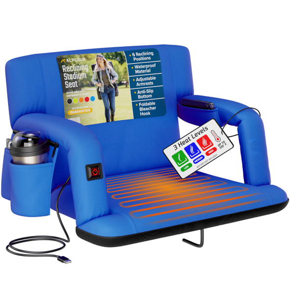 ALPCOUR HEATED RECLINING STADIUM SEAT 24" EXTRA-WIDE BLEACHER CHAIR - ROYAL BLUE