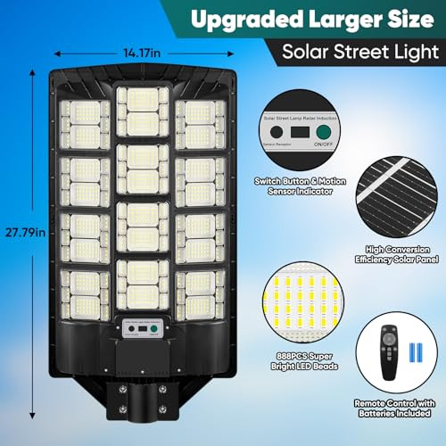 TOWPONICS SOLAR STREET LIGHTS OUTDOOR WATERPROOF 9800W REPLACEMENT - BLACK