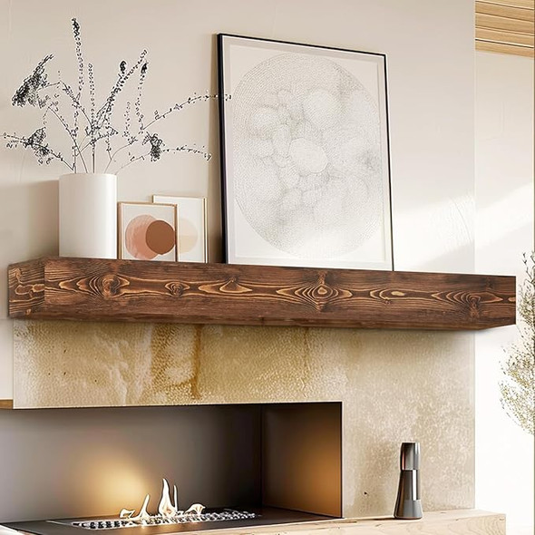 60" FIREPLACE MANTEL 5" THICK HANDMADE HOLLOW SOLID WOOD WALL LONG - BROWN