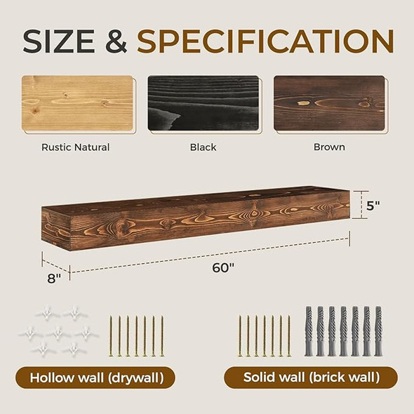 60" FIREPLACE MANTEL 5" THICK HANDMADE HOLLOW SOLID WOOD WALL LONG - BROWN