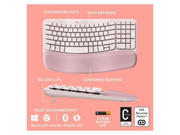Logitech Wave Keys Wireless Ergonomic Keyboard, Rose 920-012276