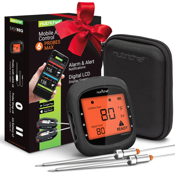 NUTRICHEF SMART BBQ THERMOMETER TRAVEL ZIP CASE UPGRADED - BLACK