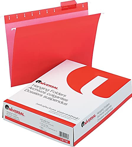 UNIVERSAL DELUXE BRIGHT COLOR HANGING FILE FOLDERS, 1/5-CUT TABS, 25/BOX,RED