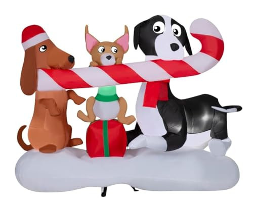 GEMMY CHRISTMAS INFLATABLE DOGS SHARING A CANDY CANE SCENE, 4.5FT TALL, MULTI