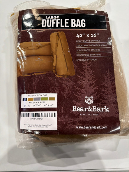 BEAR & BARK LARGE CANVAS DUFFLE BAG 42" X 16" - COYOTE