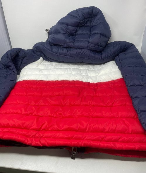 SPIRE MEN'S QUILTED SHELL HOODED PUFFER JACKET - SIZE: MEN L - NAVY/WHITE/RED New