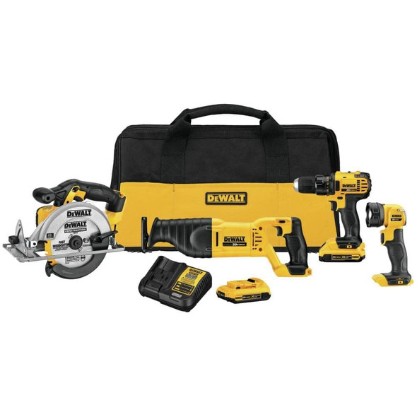 DEWALT 20V MAX CORDLESS POWER TOOL 4-TOOL SET 2 BATTERY AND CHARGER - YELLOW