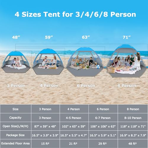VENUSTAS BEACH TENT SUN SHELTER 3/4-5/6-7/8-10 PERSON UPF 50+, SKY BLUE