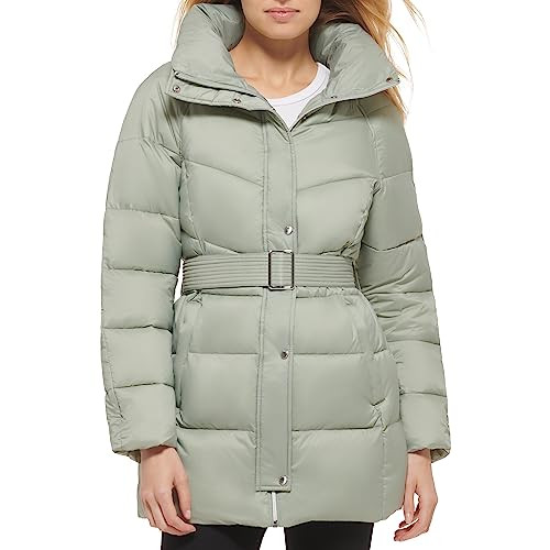 COLE HAAN WOMEN'S BELTED PILLOW-COLLAR PUFFER COAT - SIZE: WOMEN L - SAGE